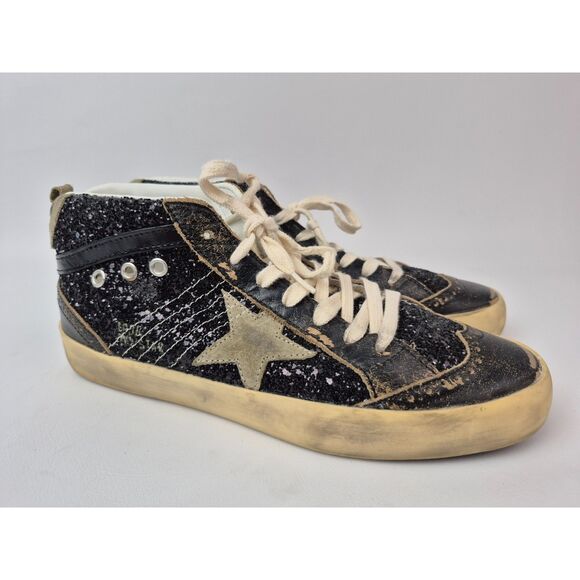 Golden Goose Black Beige Mid Star Glitter Sneakers Hi-Top Shoes Size 41 EU - Picture 1 of 7